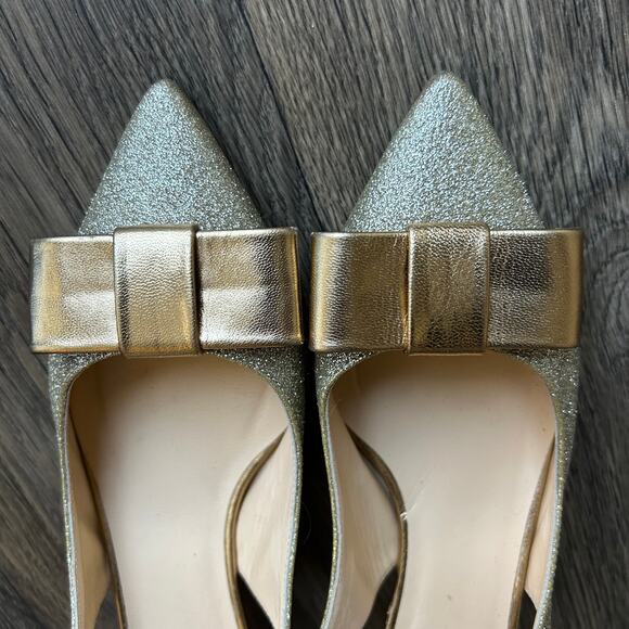 Kate Spade Golden Glitter Bow Pointed Toe Slingback Kitten Heels Size 7 - Picture 4 of 9